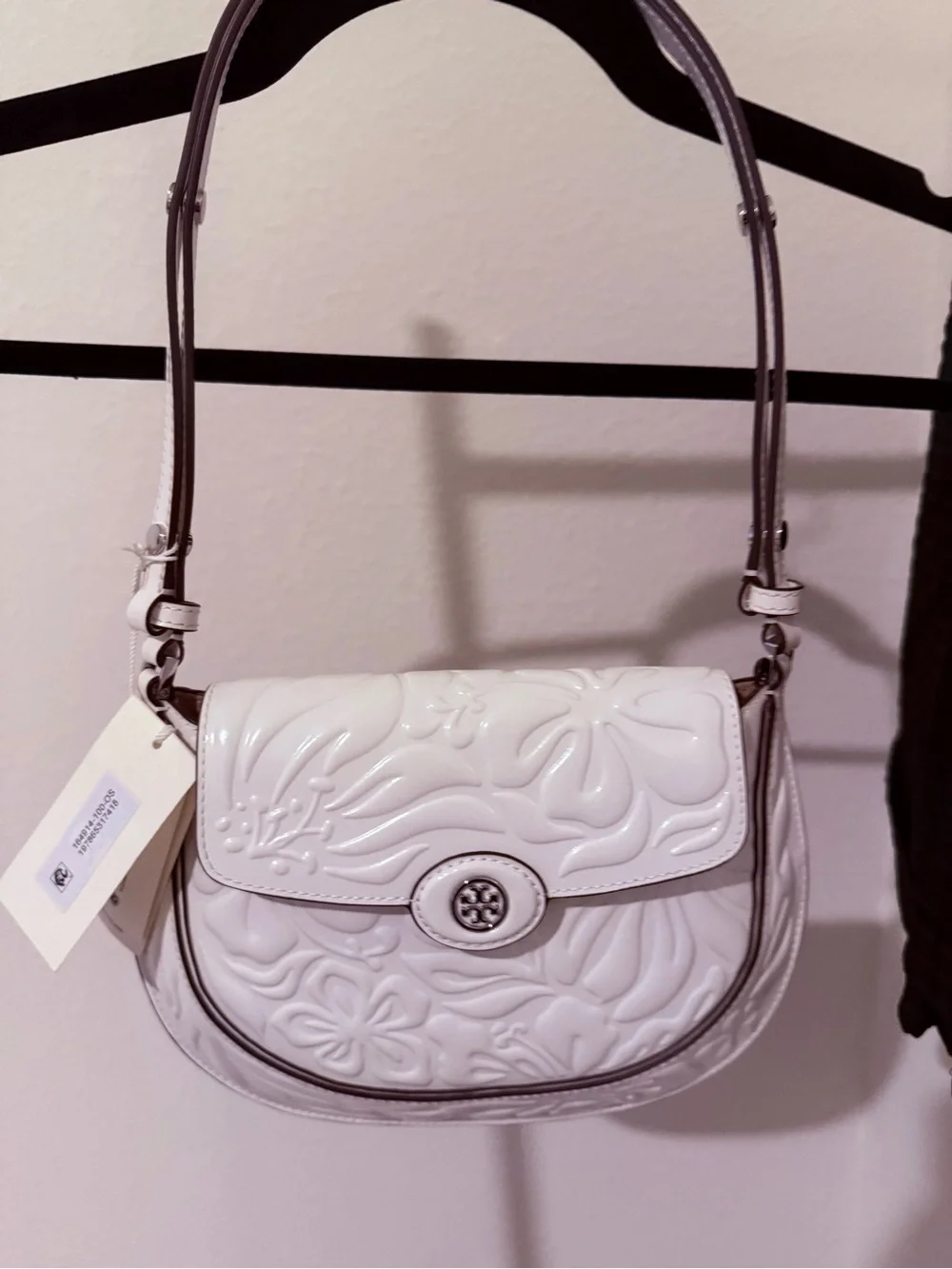 Tory Burch White Embossed Floral Leather Shoulder Bag